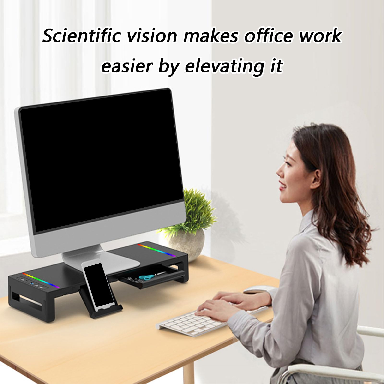 Supporto multifunzionale per monitor e laptop con illuminazione RGB Porta di ricarica USB multipla per migliorare le configurazioni della scrivania Supporto di ricarica rapida
