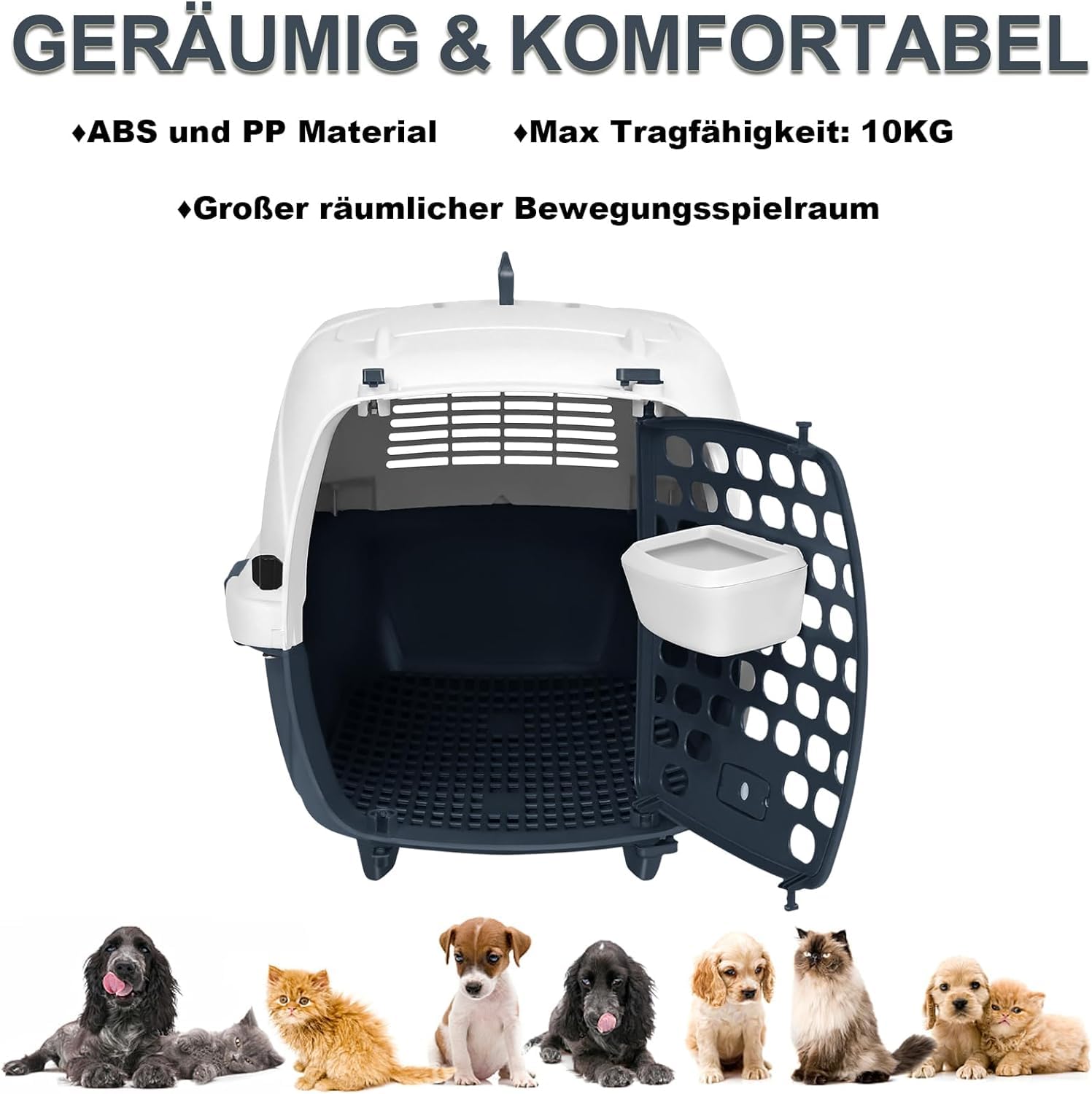Boîte de transport pour chat - En plastique - Avec gamelle - Jusqu'à 10 kg - 61 x 37 x 37 cm - Gris