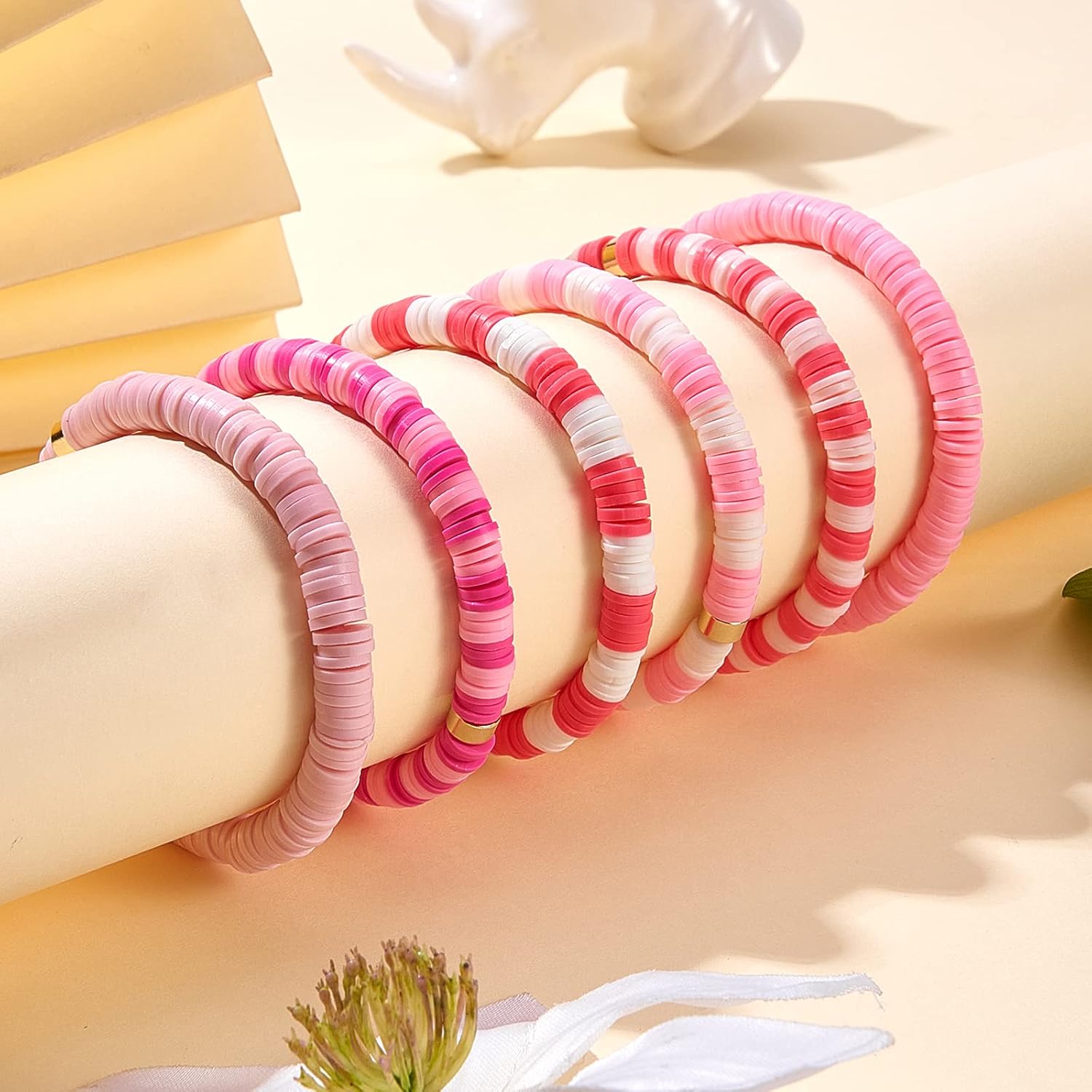 Ornaland 6 PCS Heishi Surfer Bracelets Set 6mm Polymer Clay Vinyl Disc Beads Stretch Bracelets Bohemia Summer Beach Jewelry for Women (Pink) - Image 4