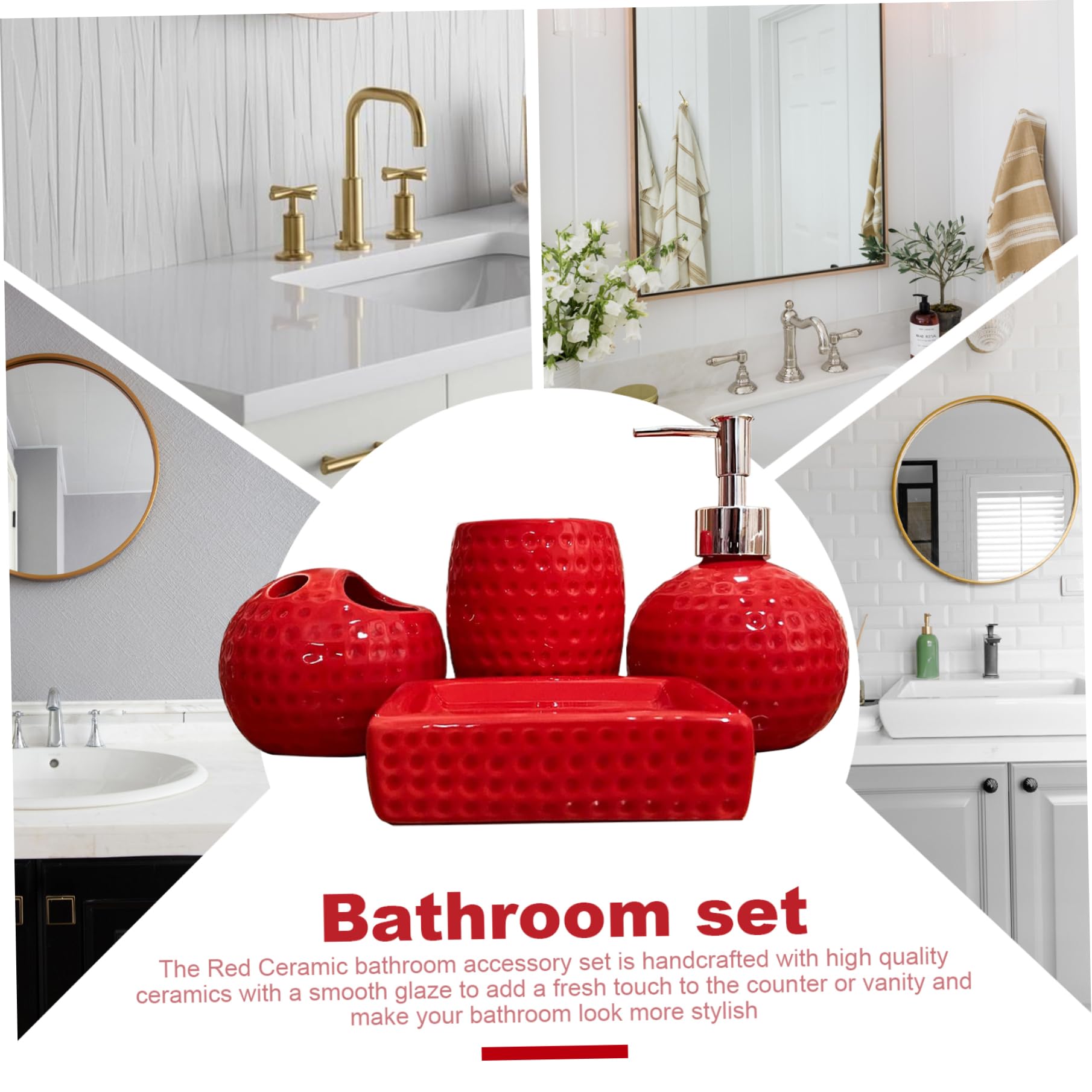 Set da Bagno Rosso, Accessori in Ceramica da 4 Pezzi Include portaspazzolino, Bicchiere, Dispenser per lozioni, portasapone, Decorazioni Natalizie