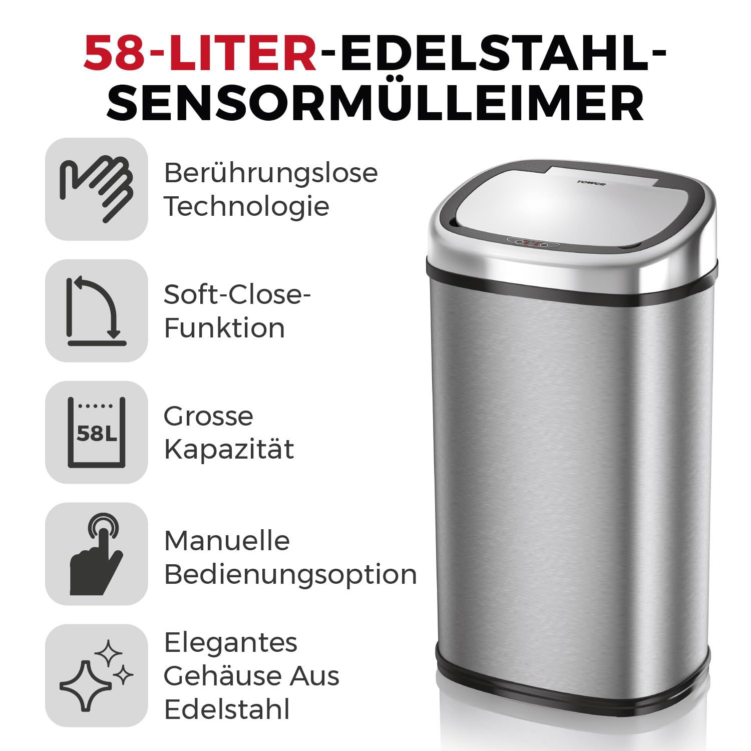 Tower T80901 Edelstahl Mülleimer Mit Sensor - Automatisch Mit Soft-Close-Funktion, Manuelle Öffnungsoption, 58 L, Silber