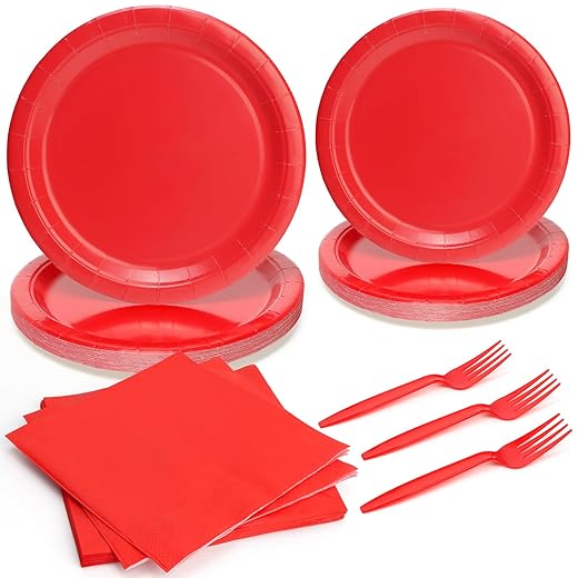 96pcs Disposable Solid Tableware Set Paper Plates Round for 24 Guests Party Table Supplies Birthday Picnic Wedding (Include Plates, Forks and Napkins) - Red