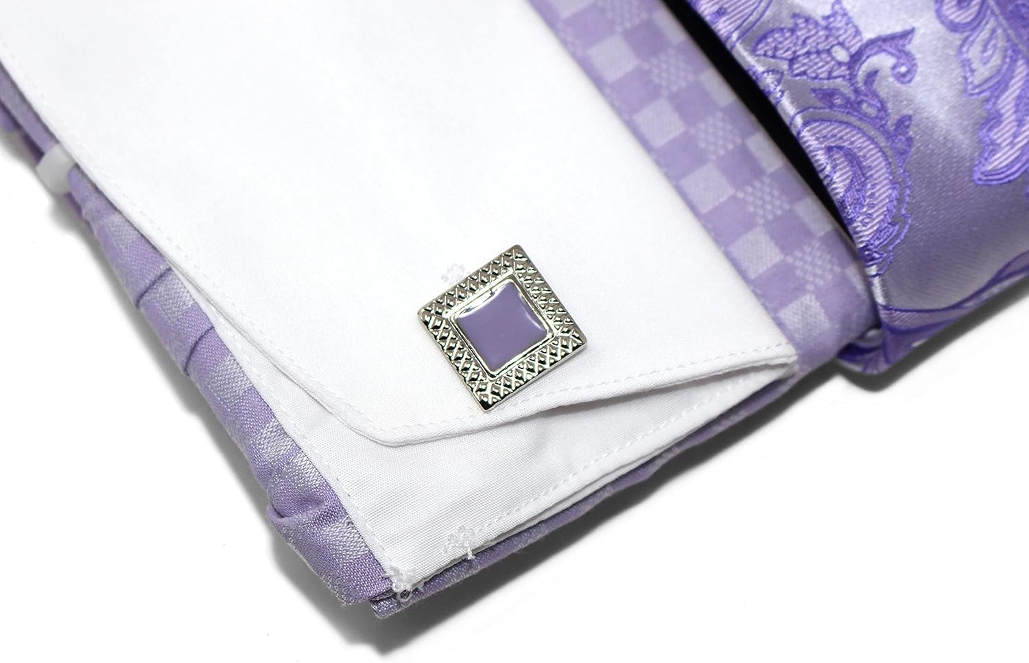 Men's Checkerd Pattern Regular Fit French Cuffs Long Sleeve Dress Shirts with Tie Hanky Cufflinks Collar Bar Combo