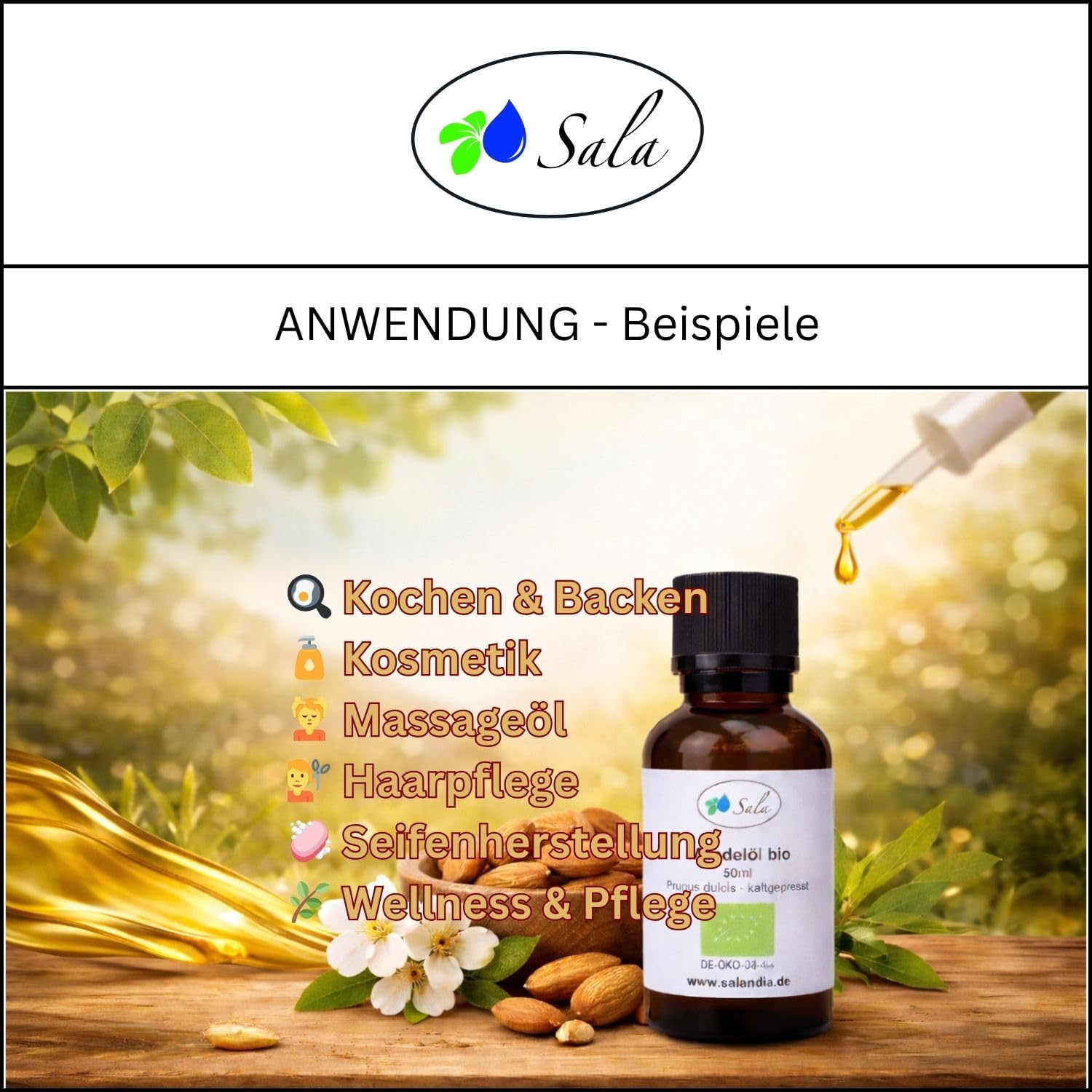 Sala Olio di mandorle spremuto a freddo biologico 1000 ml (bottiglia di vetro da 1 litro)
