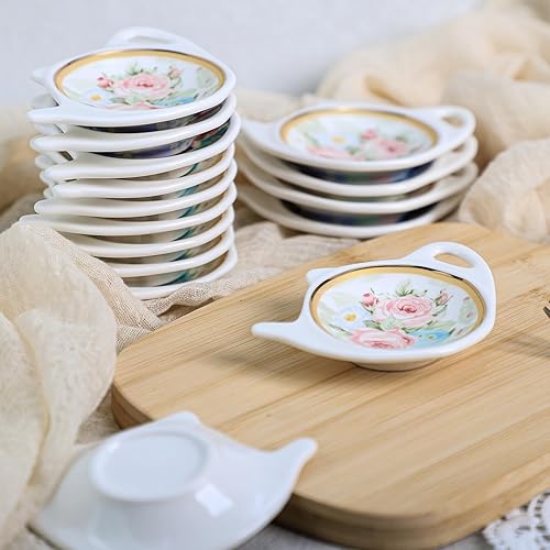 Miniatura 5 de Soporte floral para bolsitas de té con ribete dorado, accesorios de porcelana para té, con forma de tetera, portavasos, platillo de descanso de 4