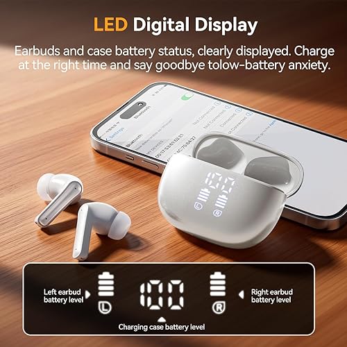Miniatura 7 de Auriculares inalámbricos HUIFU, auriculares Bluetooth 5.3 con sonido estéreo claro, 40H de reproducción con pantalla digital LED, auriculares