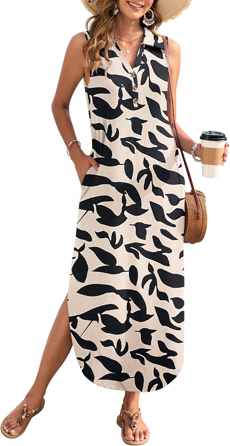 MOLERANI Women's Casual V Neck Maxi Dress Summer Long Sleeveless Sundress with Button 2025 Loose Fit Pockets