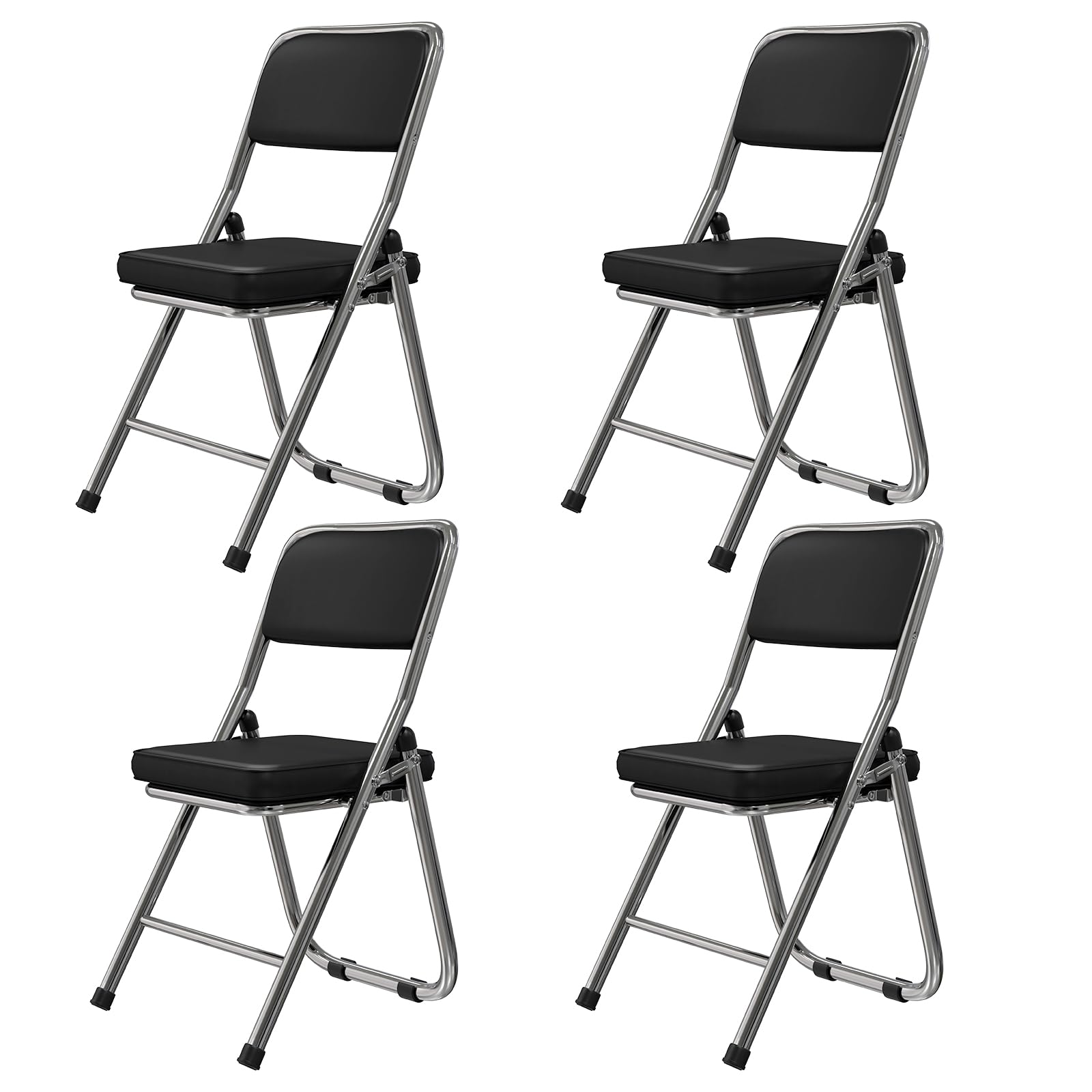Juego de 4 Silla Plegable, Silla Plegable Acolchada, Silla Plegable Salon, Sillas de Comedor de PU, Marco de Metal, con Respaldo, 45 x 46 x 82 cm, para Sala de Estar, Comedor, Negro