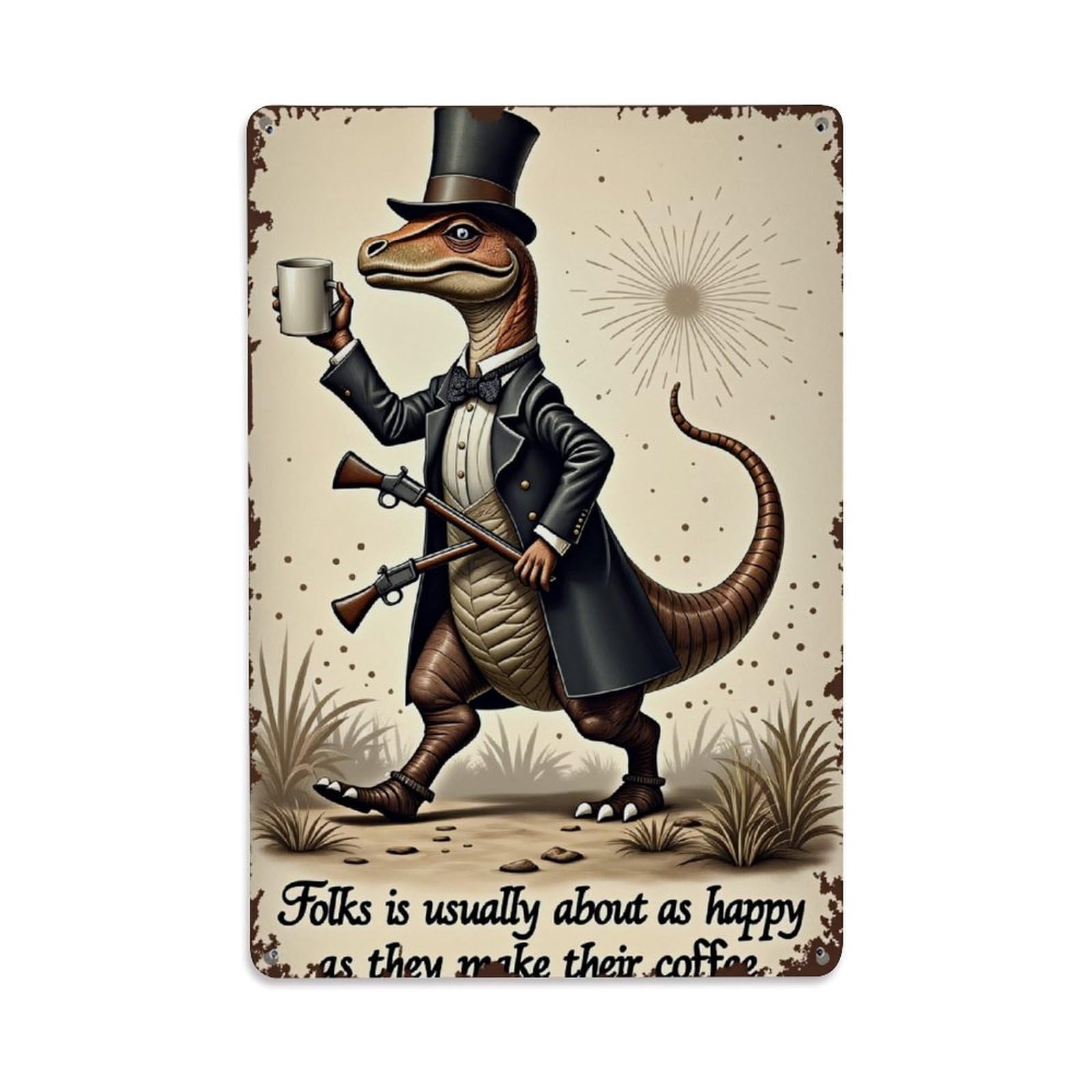 Jdyaojiesheng Vintage Dinosaur Gentleman Coffee Mug Rifle Tin Sign Retro Metal Wall Decor Metal Poster, Home Bar Garage Farmhouse Cafe Wall Art Decoration 8X12inches