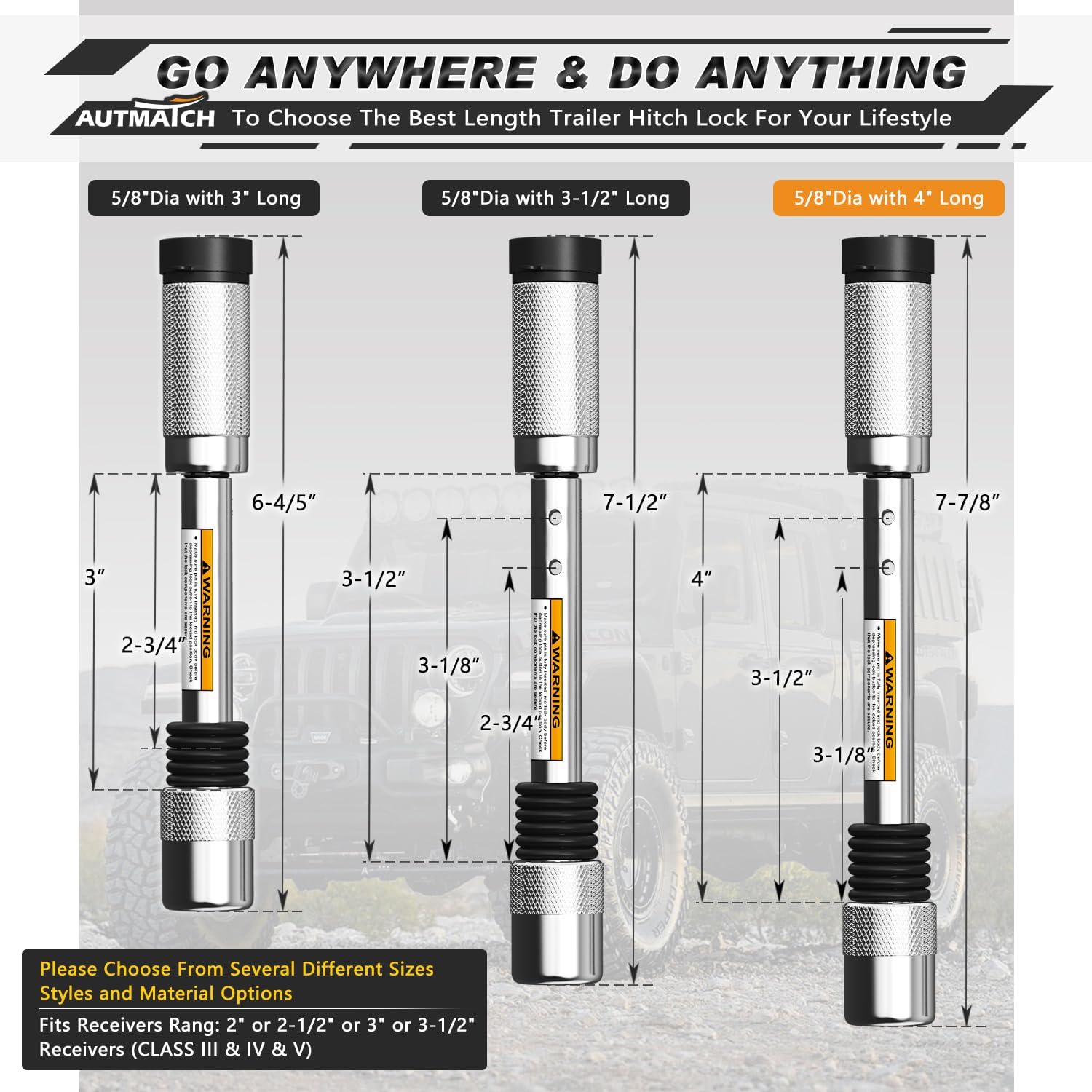 AUTMATCH Trailer Hitch Lock 5/8" - 4" Extra Long Span & Anti-Theft Hitch Locking Pin, Fits Class III IV V 2"-3.5" Receivers, Heavy Duty Towing Lock Pin for Jeep, Trailer, Truck, RV, Bike Rack, Silver