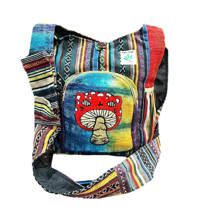 Handmade Hemp Shoulder Bag Eco-Friendly Crossbody Purse with Mixed Styles for Women Sustainable Fashion Accessory (Mushroom 1)