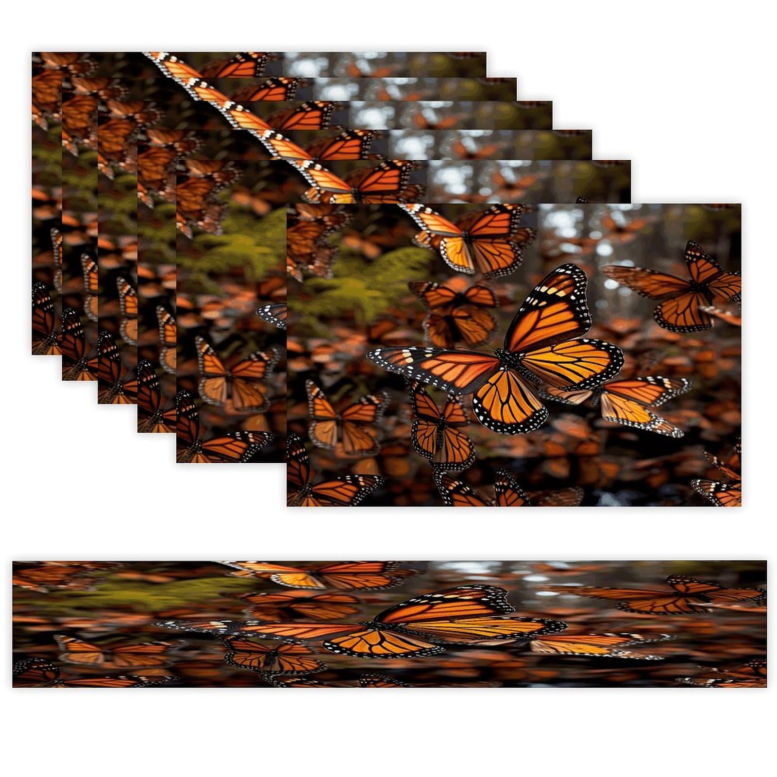 Monarch Butterflies Table Runner and Placemats Set of 7 Linen Table Mat Non-Slip Place Mats Washable Placemat Heat Resistant Place Mat with Table Runner for Party Dining Decor