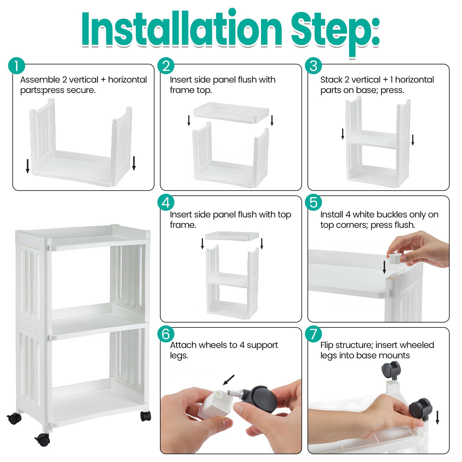 Carrello per fai da te, a 3 ripiani, in plastica, con 4 ruote, per bagno, cucina, bagno, soggiorno, ufficio, leggero, colore: bianco