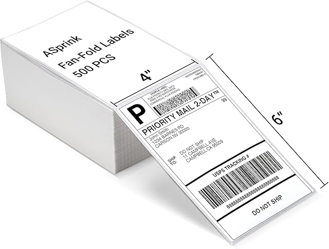 4"x 6" Direct Fanfold Thermal Labels - ASprink Direct Thermal Shipping Labels Self Adhesive - White Mailing Labels for Thermal Label Printers (Fanfold Style & 500 Labels)