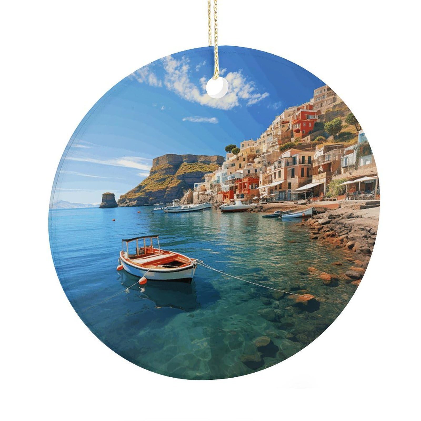 Adfgyerh Style Seaside Town Ceramic Circular Pendant,2.9 Inch，Hanging Ornament，Gift Exchange Idea Round Ceramic Ornament,For Mom And Daughter，For Home Indoor Outdoor Decor.