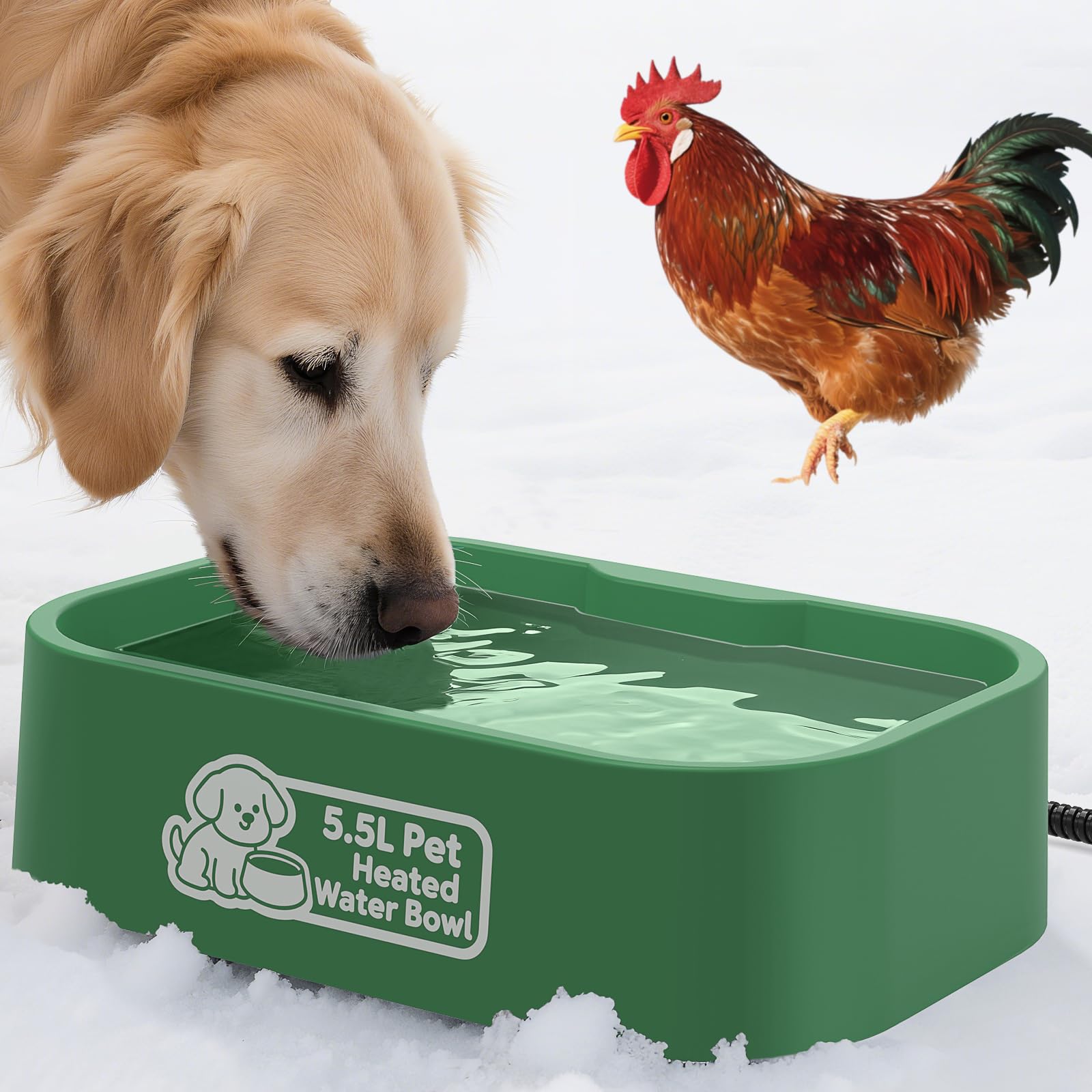 IPOW Cuenco de agua con calefacción para mascotas, rectangular extra grande de 5.5 L, duradero, para exteriores, con cable antimasticación, mantiene el agua caliente a 25.0-35.0 °C para gatos y perros