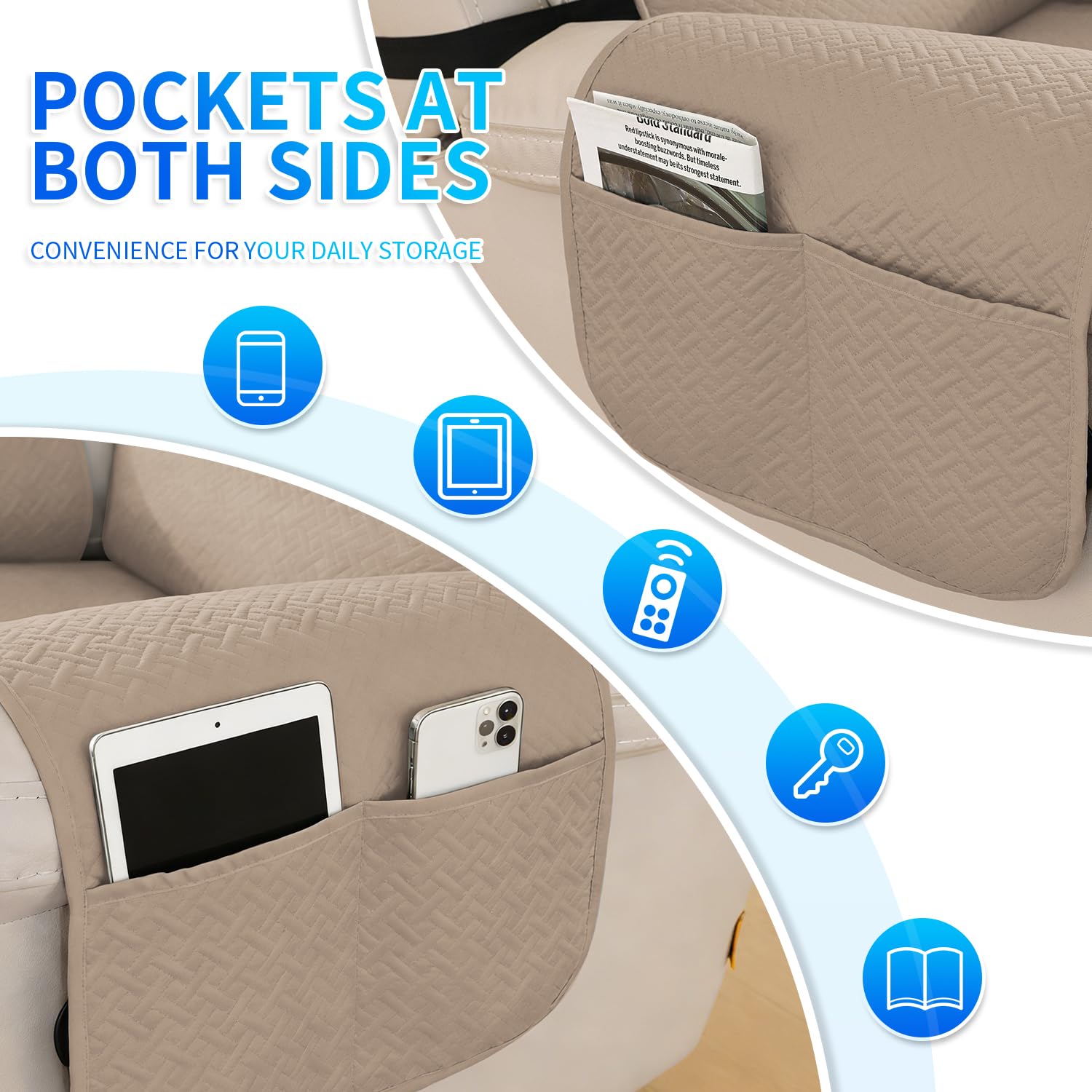 Impermeable Funda Sillon Reclinable 1 Asiento-X, Impermeable Funda Sillón Reclinable, Fundas para Sillon con Bolsillos Laterales, Fundas Sillón Relax Antideslizante, Café Claro