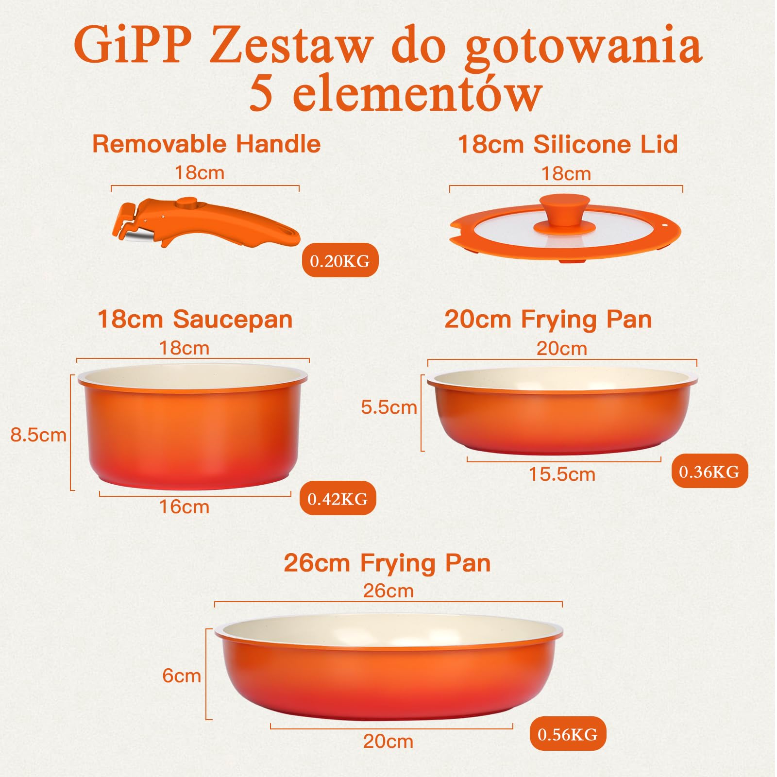 GiPP 5 Sztuk Patelni z Powłoką Nieprzywierającą do Indukcji, Pomarańczowy, Odłączany Uchwyt, Aluminium