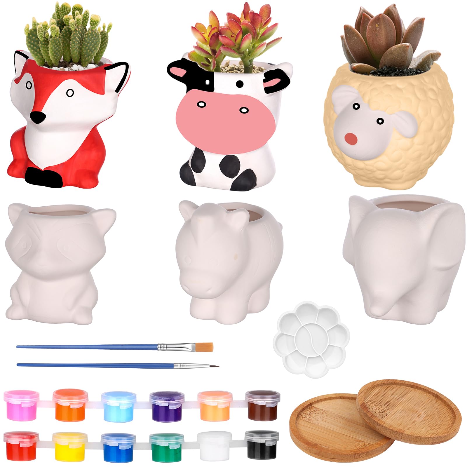 6 Sets Paint Your Own Animal Succulent Planter DIY Ceramic Animal Succulent Pots Figurines Unpainted Ceramic Paintable Cartoon Animal Shaped Flowerpots with Drainage Hole for Kids Classroom Craft