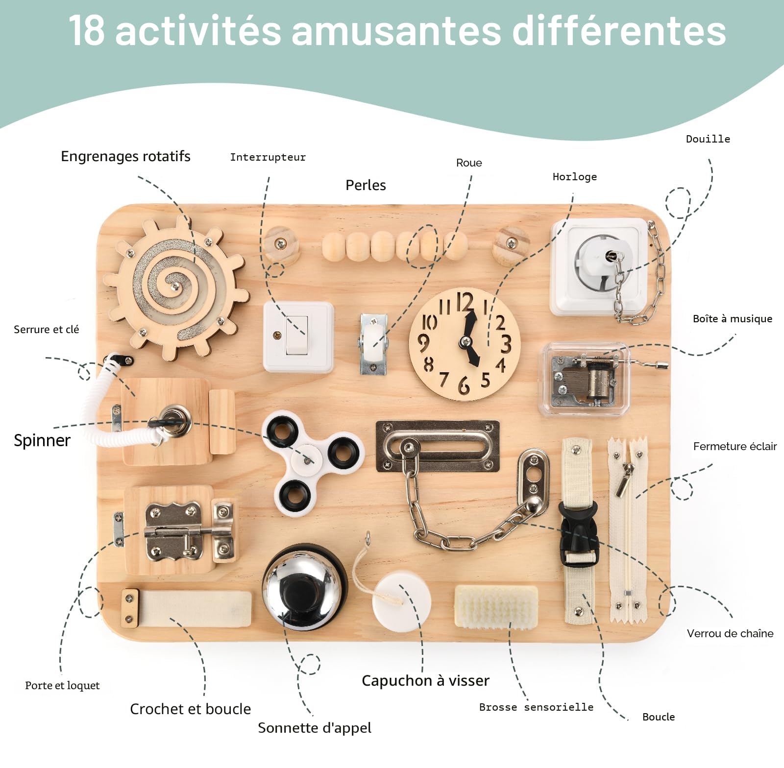 Potatomato Grande planche d'activités pour tout-petits - Jouets sensoriels en bois Montessori pour enfants de 1 2 3 4 ans - Jouets fidget pour enfants autistes - Activités d'apprentissage préscolaire