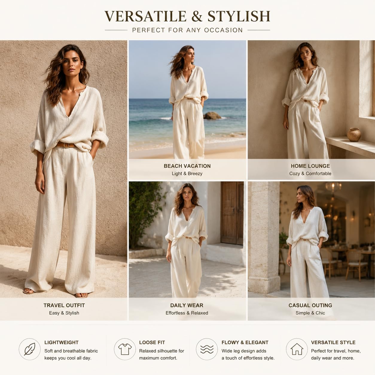 Completo Da Casa Da Donna Composto Da Due Pezzi: Top Con Scollo A V E Pantaloni A Gamba Larga. Outfit Casual, Vestibilità Ampia, Elegante, Leggero, Ideale Per Viaggi, Vacanze E Per Tutti I Giorni,
