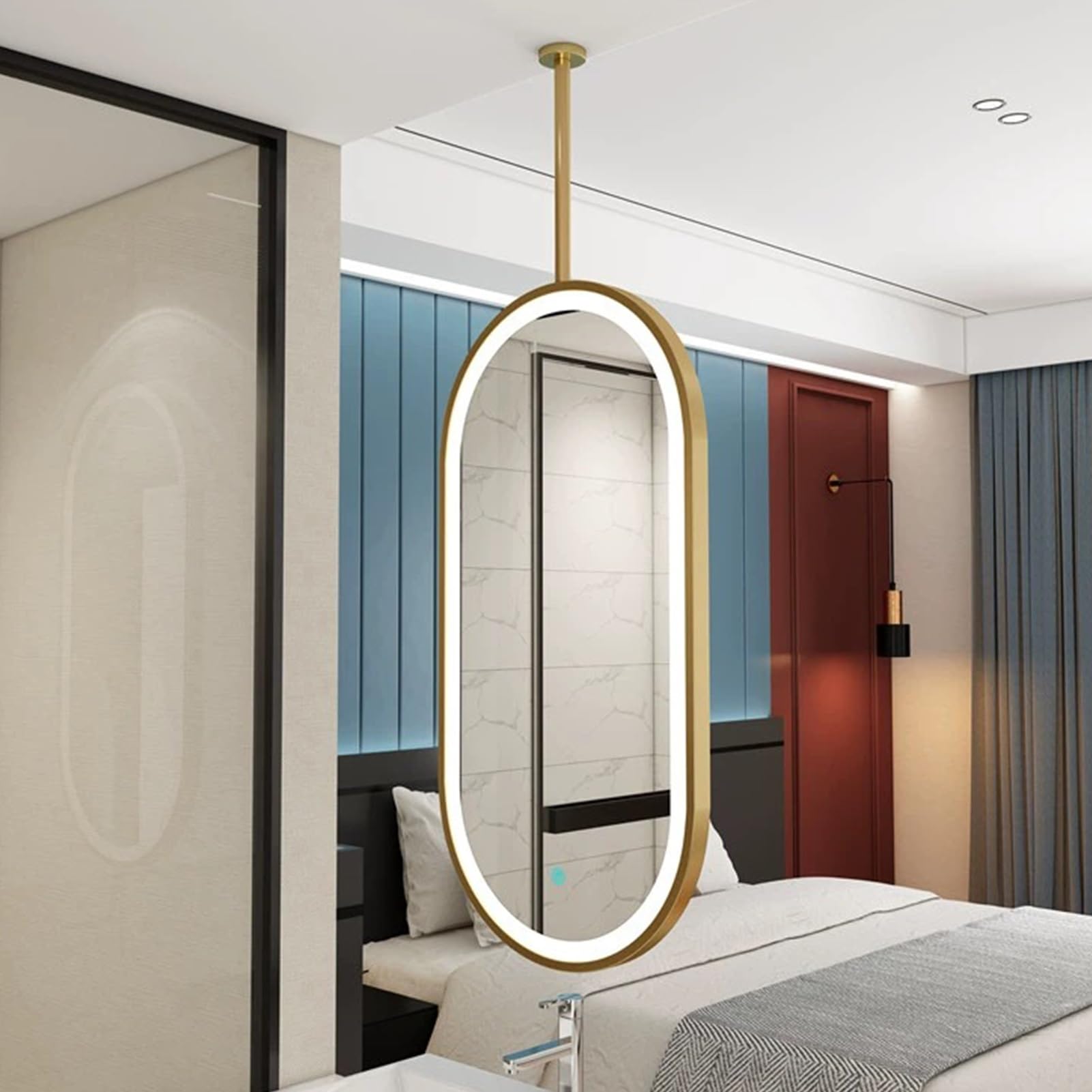 ITOSUI Ceiling Hanging Mirror with LED, 3 Colors Dimmable Lights - Black Vanity Mirrors for Bedroom Washroom, Home Decorative Wall Mounted Mirror, Customizable(50cmx60cm)