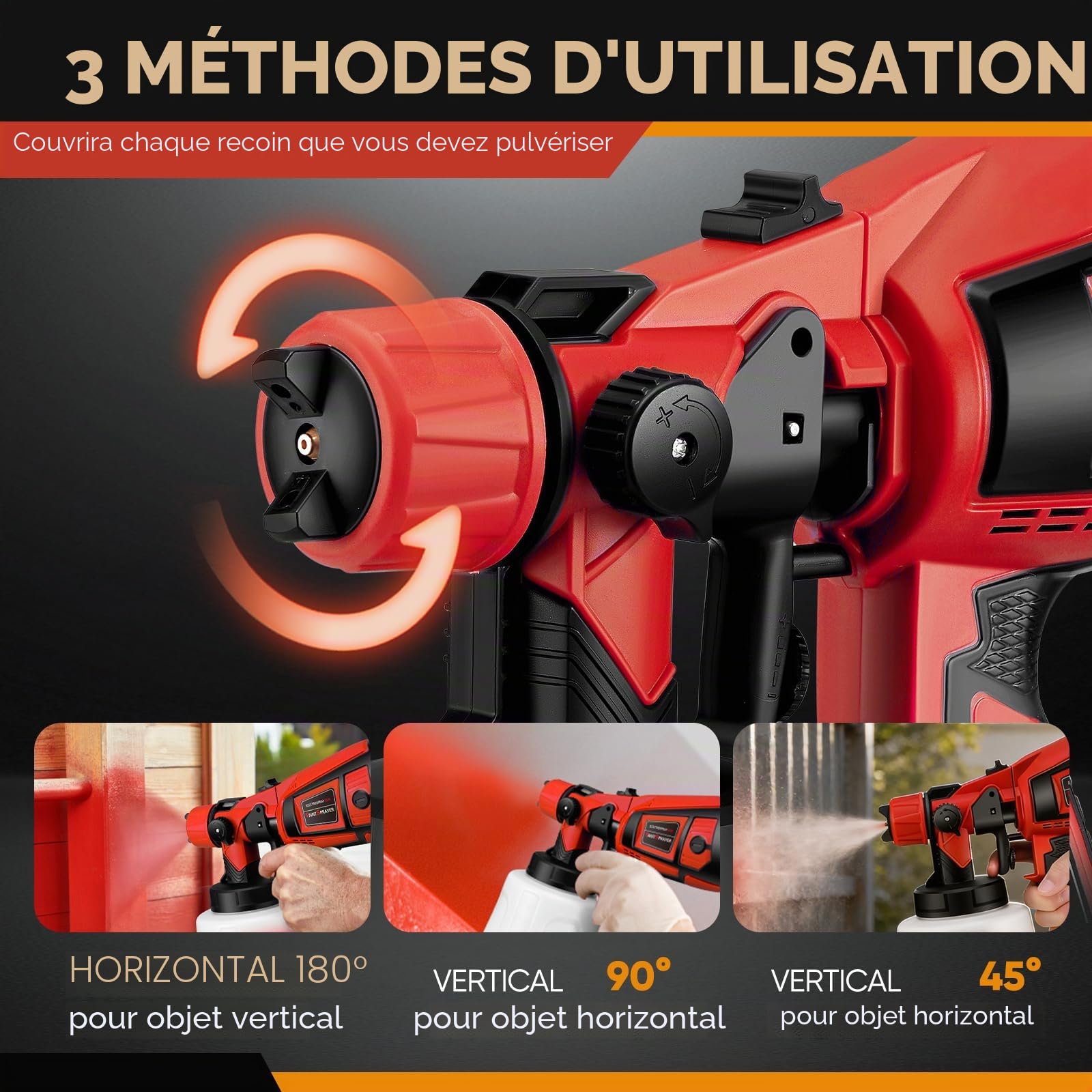 Pistolet à Peinture sans Fil, 21V 18000tr/min avec 2x3000mAh Batteries Pistolet Peinture, 5 Buses et 3 Modes de Pulvérisation, Réservoir de 1000ML pour Peinture de Maison, Murs, Clôtures et Plafonds