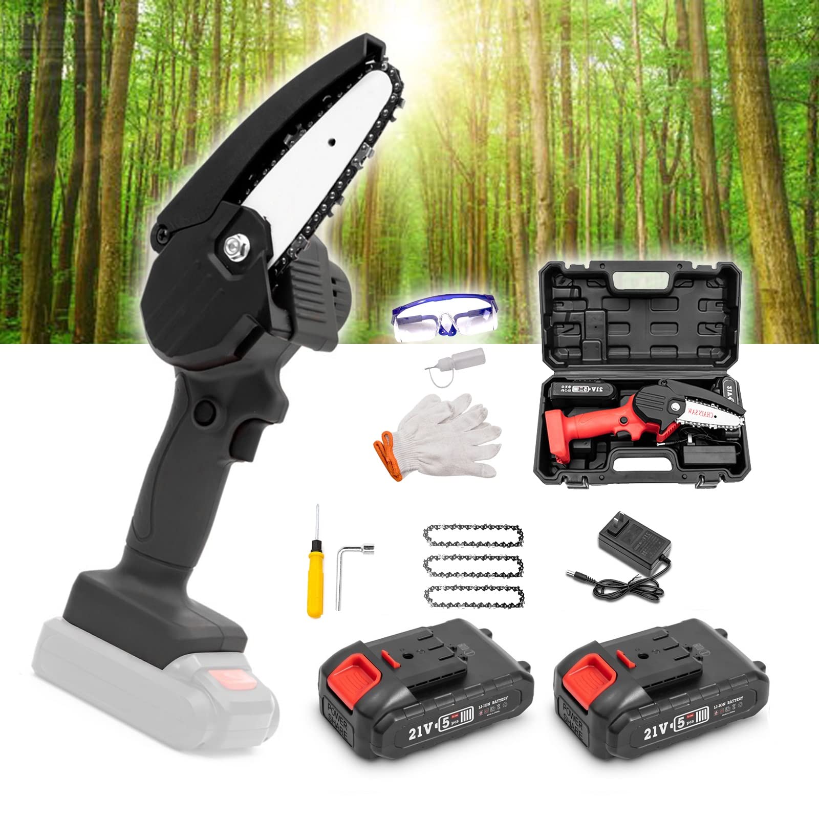 21V Mini piła łańcuchowa 4-calowa, ręczna akumulatorowa elektryczna piła łańcuchowa z 2 akumulatorem i ładowarką,4 łańcuchy, cięcia drewna, drzew, gałęzi, drewna (Color : Black, Size : 2 batteries)