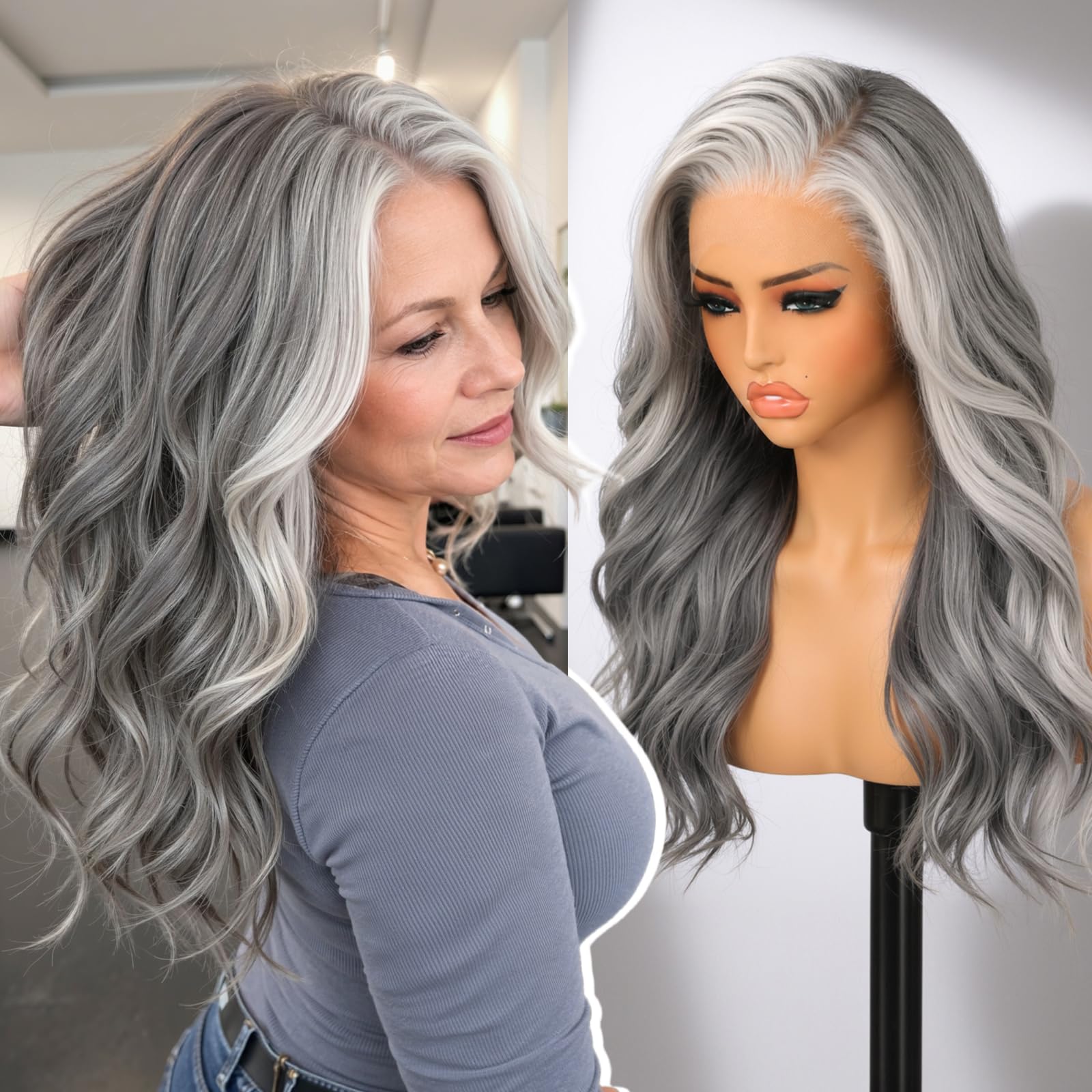 Photo 1 of KOME Grey 13×6 Loose Wavy Synthetic Lace Front Wig for Women 22IN