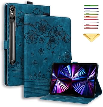 Case for Samsung Galaxy Tab S10 FE+/S10 FE Plus 13.1 Inch 2025 SM-X620/SM-X626B with Pencil Holder/Pockets Folio Stand Embossed Cherry Blossom PU Leather Magnetic Wallet Cover, Blue Cat