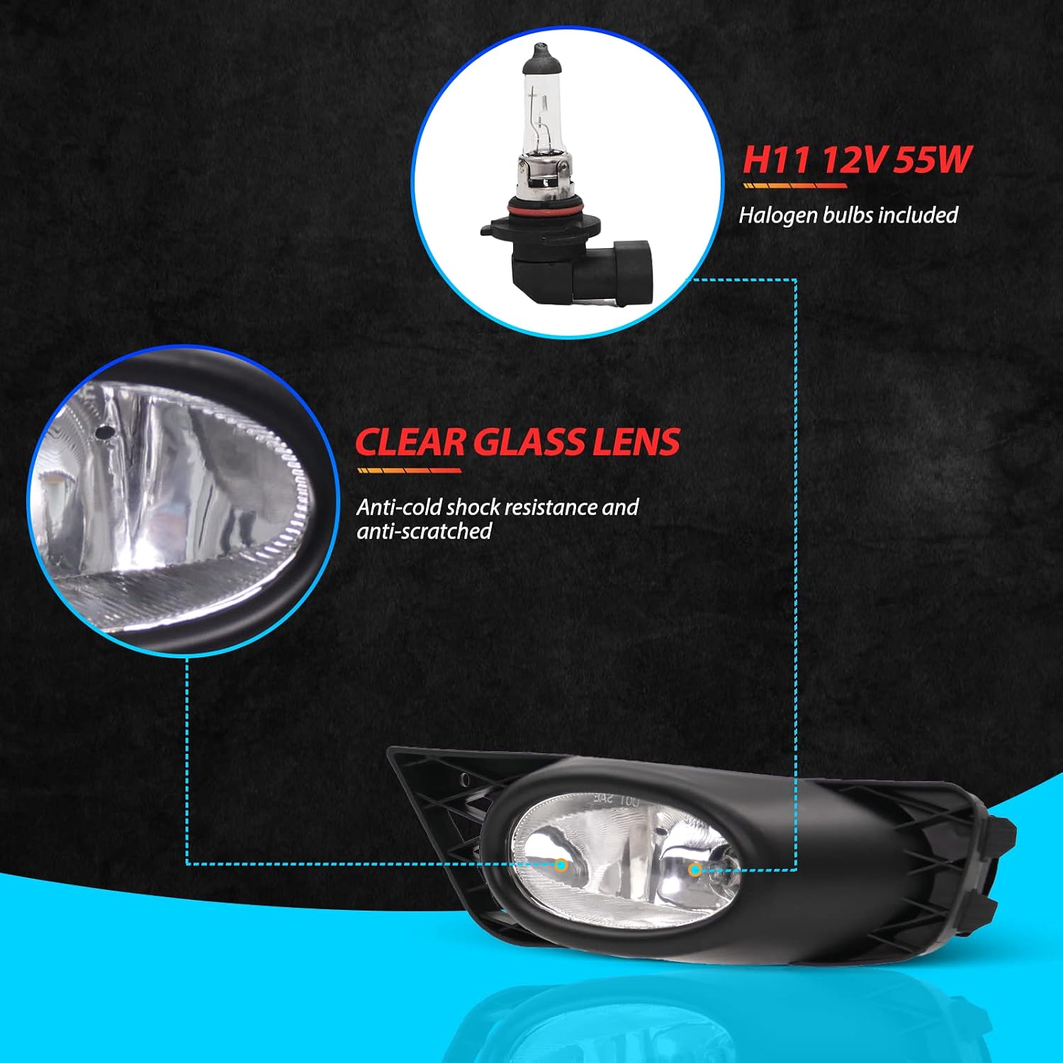 Fog Lights Assembly for 2009 2010 2011 Honda Civic Sedan Fog Lamps Replacement Kit with Wiring & Switch H11 12V 55W Halogen Bulbs