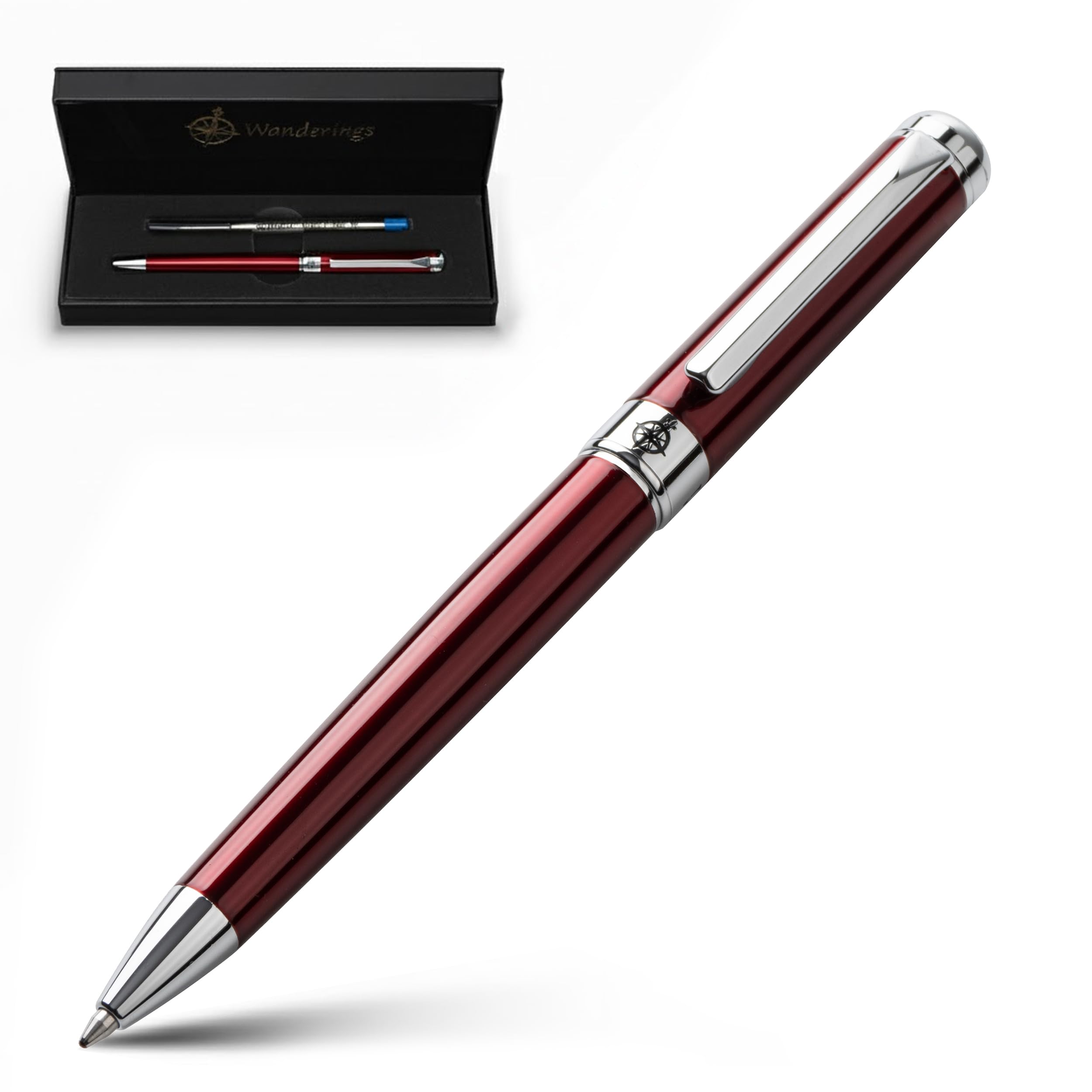 WANDERINGS Premium Ballpoint Pen with German Ink – Perfectly Balanced Chrome Accents – Winefire Red - Includes Schmidt Refill in Giftable Presentation Case