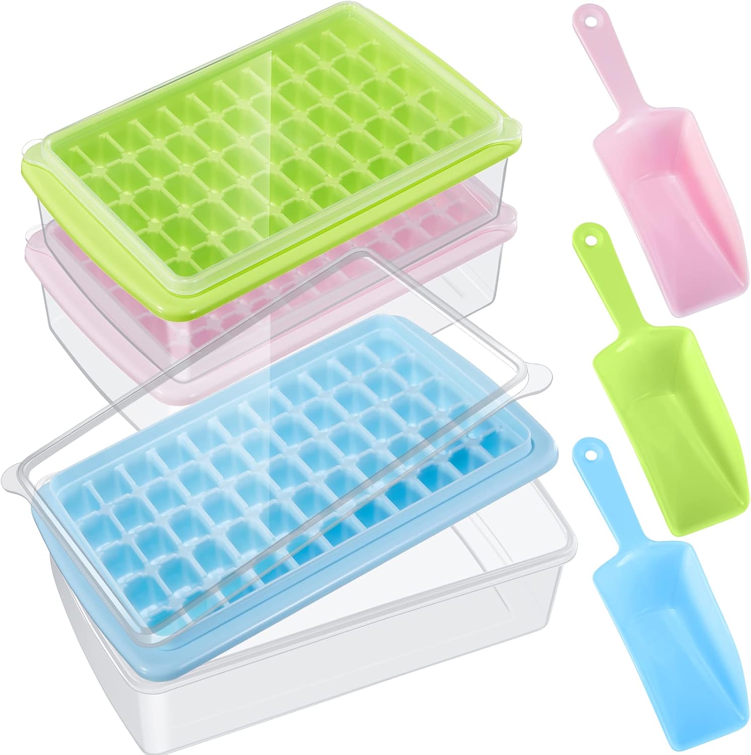 3 Pack Ice Cube Tray with Lid and Bin 55 Nuggets Ice Trays