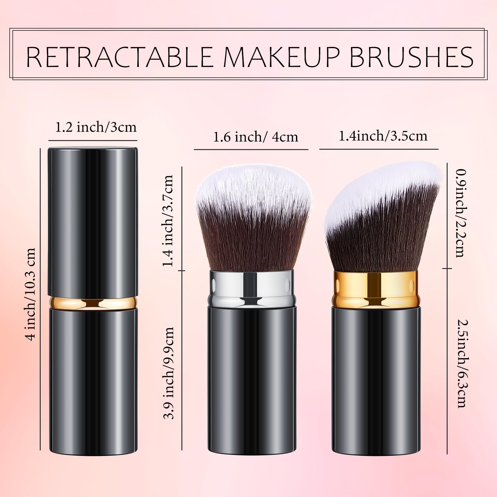 2 brochas retráctiles Kabuki para base de maquillaje, brochas de maquillaje portátiles para viajes, bronceador, rubor, con cubierta para rubor, bronceador, crema en polvo suelto (negro, plateado,