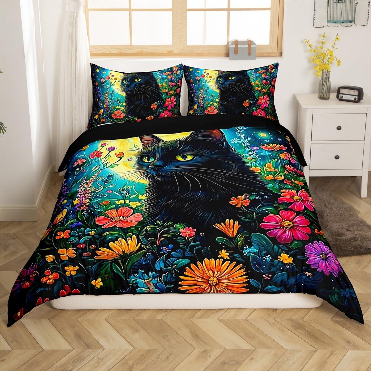 Botanical Cat Duvet Cover Toddler Size,Gothic Night Wild Cat Comforter Cover with 1 Pillowcase,Watercolor Blooming Flowers Floral Bedding Set 2pcs,Exotic Moon Sky Quilt Cover,Not Comforter
