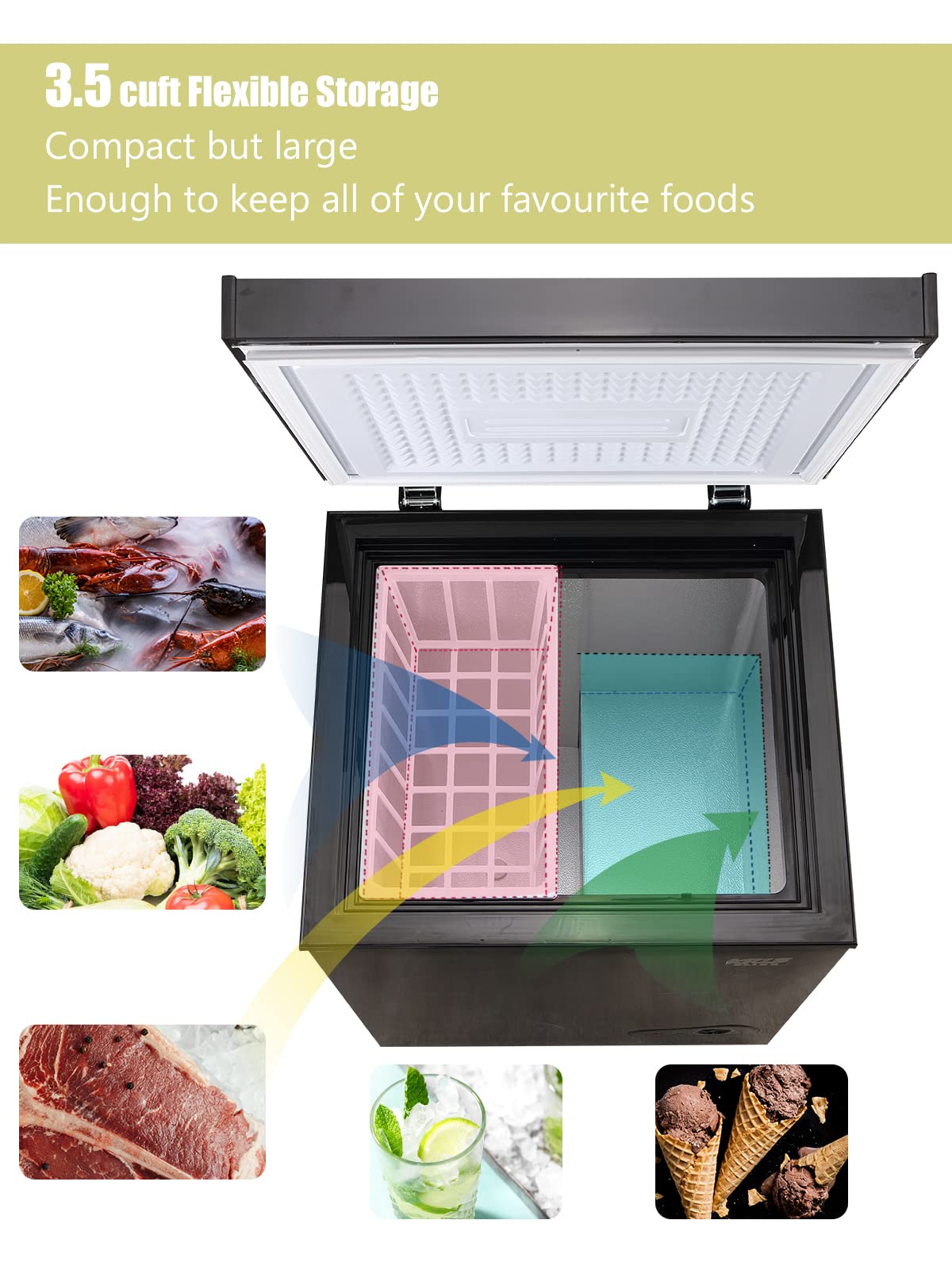 Krib Bling 3.5 Cu.Ft Freestanding Chest Freezer With A Removable Basket, 7 Gears Temperature Control (-18f To -46f), Deep Freezer For House, Garage, Kitchen, Basement, Shop, Black on Fridge.com - View 6