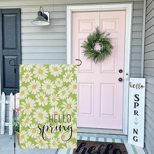 Miniatura 3 de CROWNED BEAUTY Bandera de jardín con texto en inglés Hello Spring de 12 x 18 pulgadas, de doble cara, pequeña de arpillera de temporada, para patio