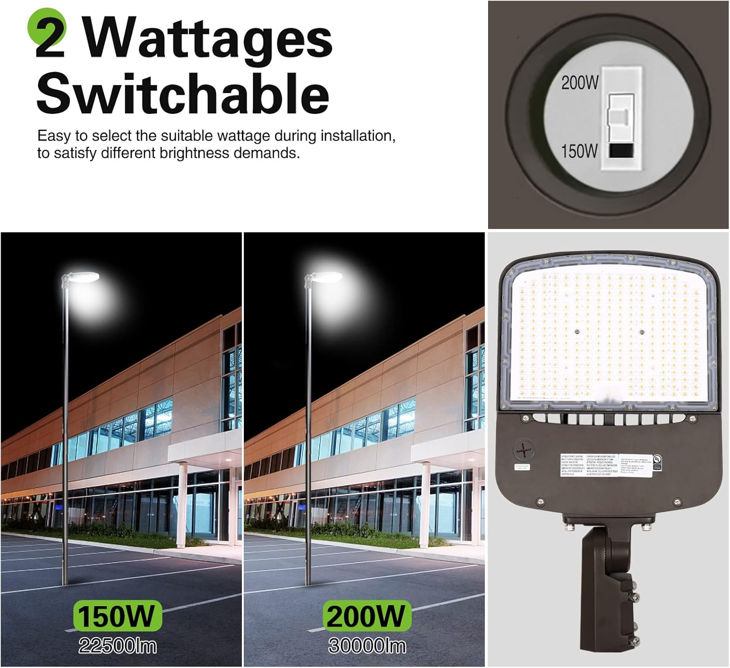 Hykolity 150W 200W Switchable LED Parking Lot Light, 150LM W 5000K LED Street Lighting with Photocell Sensor [400W-600W HPS Equiv.] 100-277V, Commercial Adjustable Slip Fitter Mount LED Shoebox Light