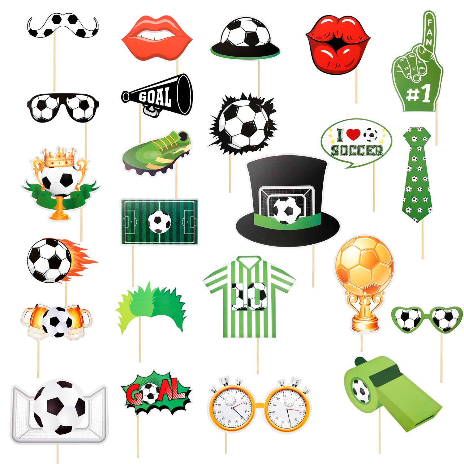 Tabanzhe White 24Pcs Football Photo Booth Props,Soccer Themed Birthday Party Photo Booth Props Kit Funny Selfie Props, Football Party World Cup Decorations