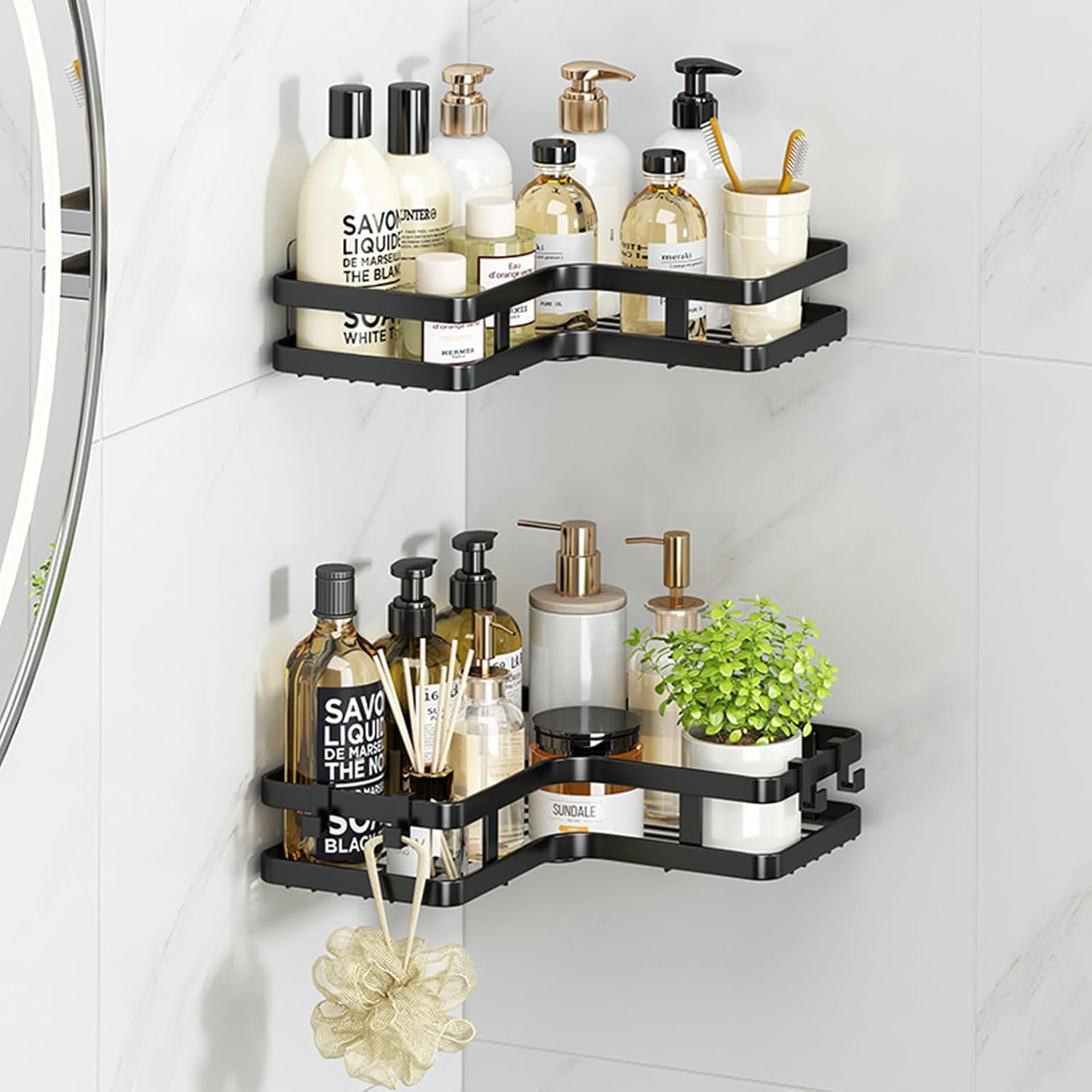 JORMEY Corner Shower Caddy Space-Saving L-Shaped Bathroom Organizer with Hooks 2 pcs Wall-Mounted Storage for Shampoo Soap Toiletries