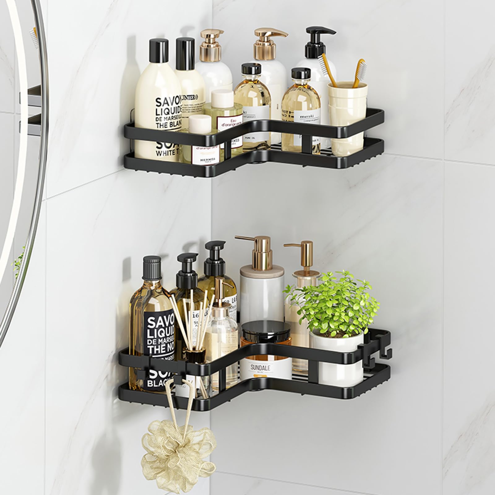 JORMEY Corner Shower Caddy Space-Saving L-Shaped Bathroom Organizer with Hooks 2 pcs Wall-Mounted Storage for Shampoo Soap Toiletries