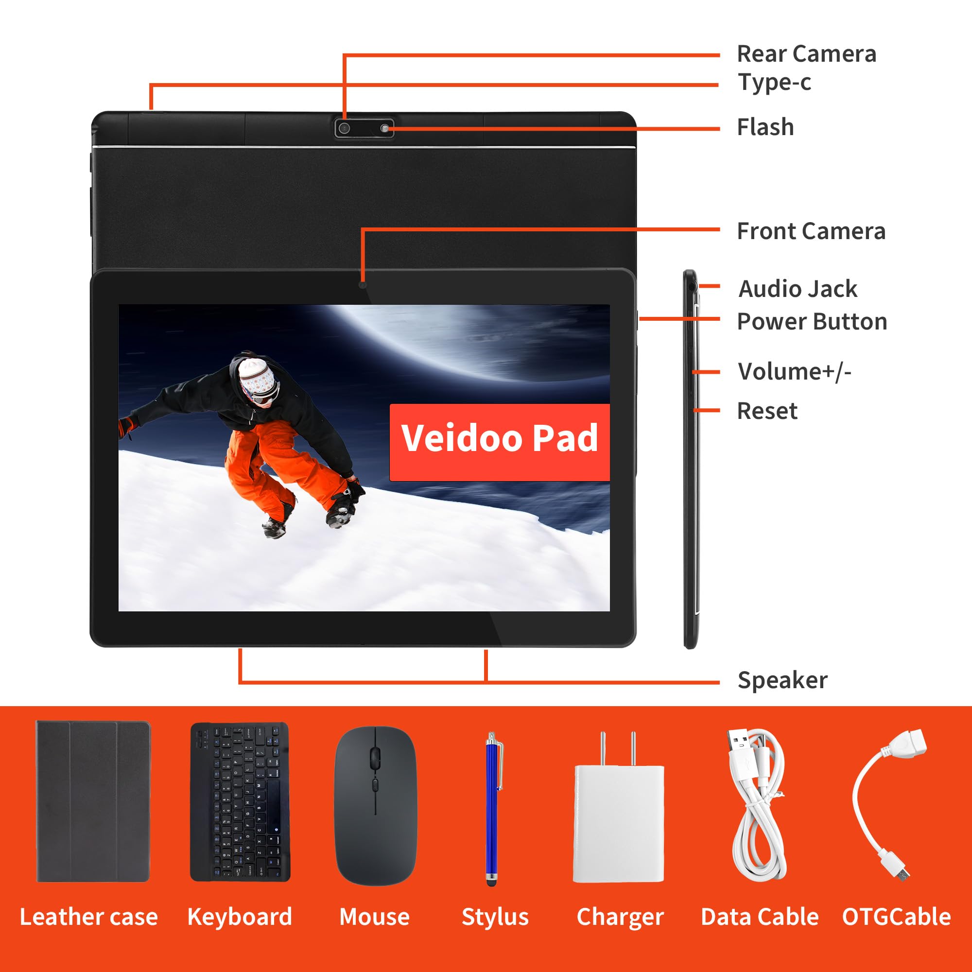 Veidoo Przenośny tablet z systemem Android 2 w 1 z klawiaturą, myszą i rysikiem, tablet 10,1-calowy ekran IPS HD z 7 GB RAM (3 GB+4 GB) 64 GB ROM, z możliwością rozszerzenia do 512 GB, procesor