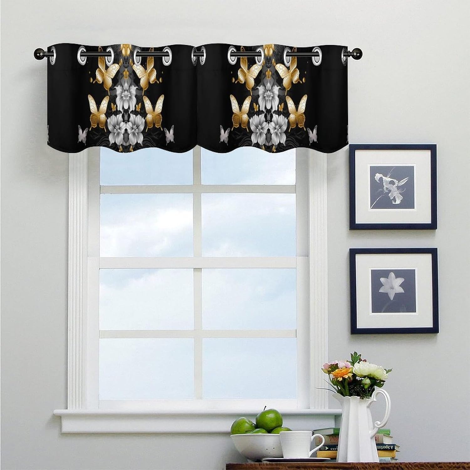 Small Window Curtains, Gold White Butterflies Black Printed Mini Window Curtains Valance, Pocket Window Curtains are Suitable for Homes, Offices, Farmhouses, and Restaurants