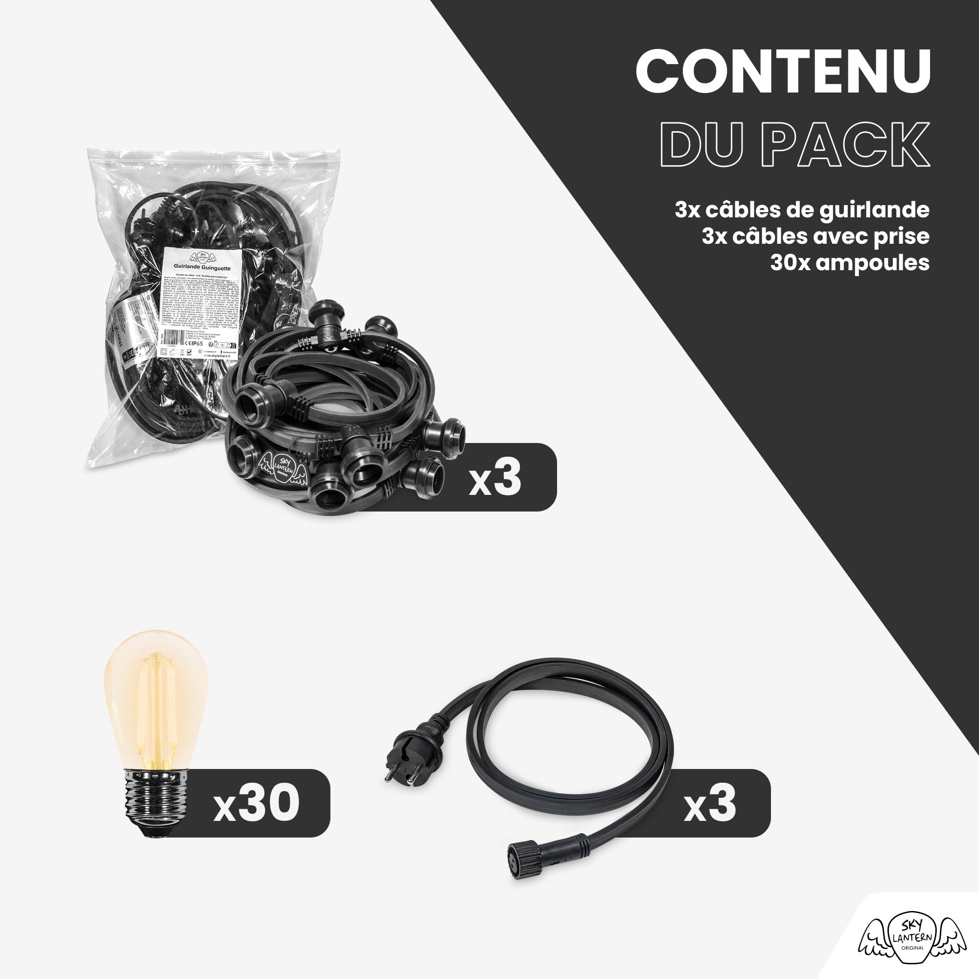 SKYLANTERN Guirlande Guinguette 30M 30 Bulbes Filament Ambré - Guirlande Lumineuse Ampoule E27 Ambrée - Guirlande Guinguette Led Filament rétro