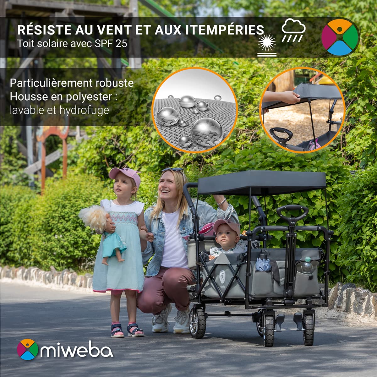 Miweba Chariot pour Enfants MB-20 - Chariot Pliable - Système de Harnais à 2X 3 Points - Frein de Stationnement - Roues en Caoutchouc Dur - Pare-Soleil avec Protection UV (LSF25)