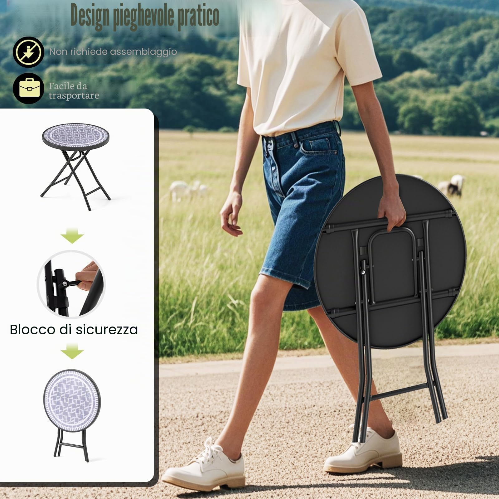 KOMFOTTEU Tavolo da giardino in vetro temperato da 46 cm, tavolino pieghevole con telaio in metallo, tavolo da pranzo rotondo per patio, terrazza, balcone, tavolo laterale per interni ed esterni