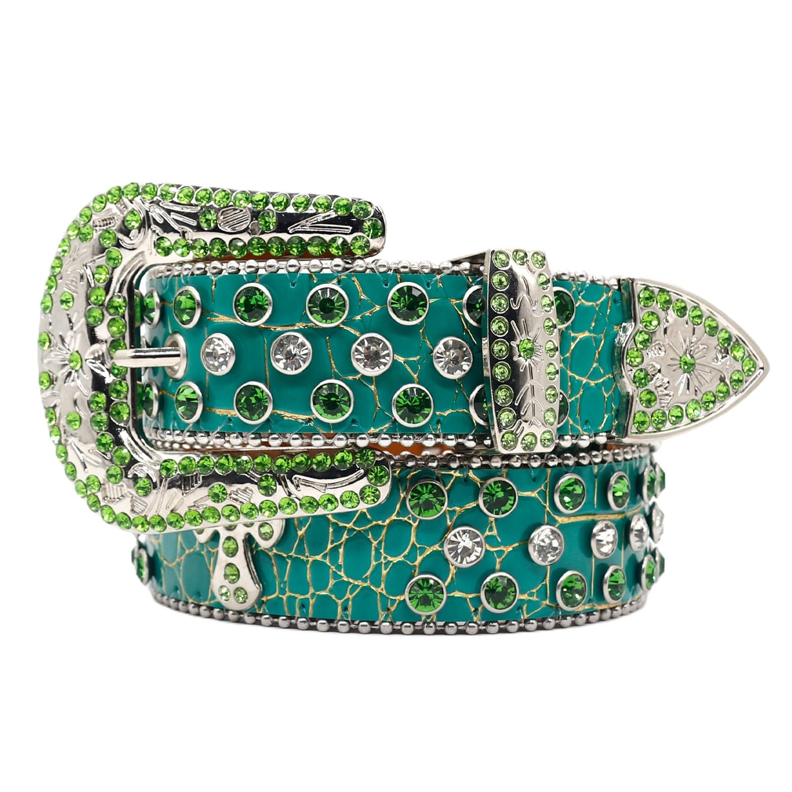 AGUTALITHIC Rhinestone Studded Leather Belt Cross Rivet Cowgirl Cowboy Crocodile Pattern Embossed Strap Floral Western Buckle(110cm/43, Green)