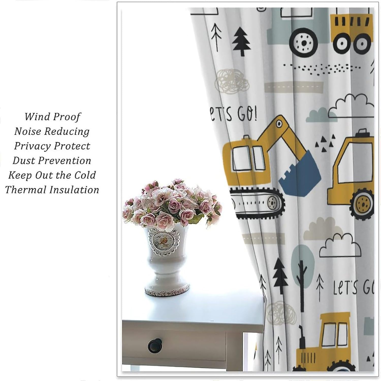 Construction Truck Curtain Cartoon Excavator Vehicle Tractor Cars for Boys Kids Machinery Navy Blue for Baby Boys Bedroom Nursery Children Drapes 2 Panels 42x63in, Style-4