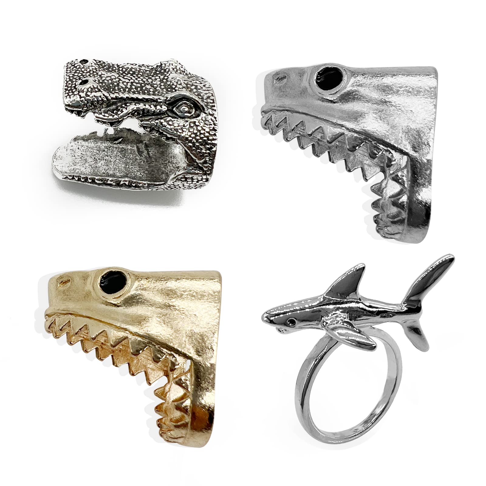 4Pcs Shark Mouth Design Band Rings Punk Hip Hop Hammerhead Shark Rings Ocean Animal Crocodile Rings Personality Jewelry for Women Men, alloy, alloy,
