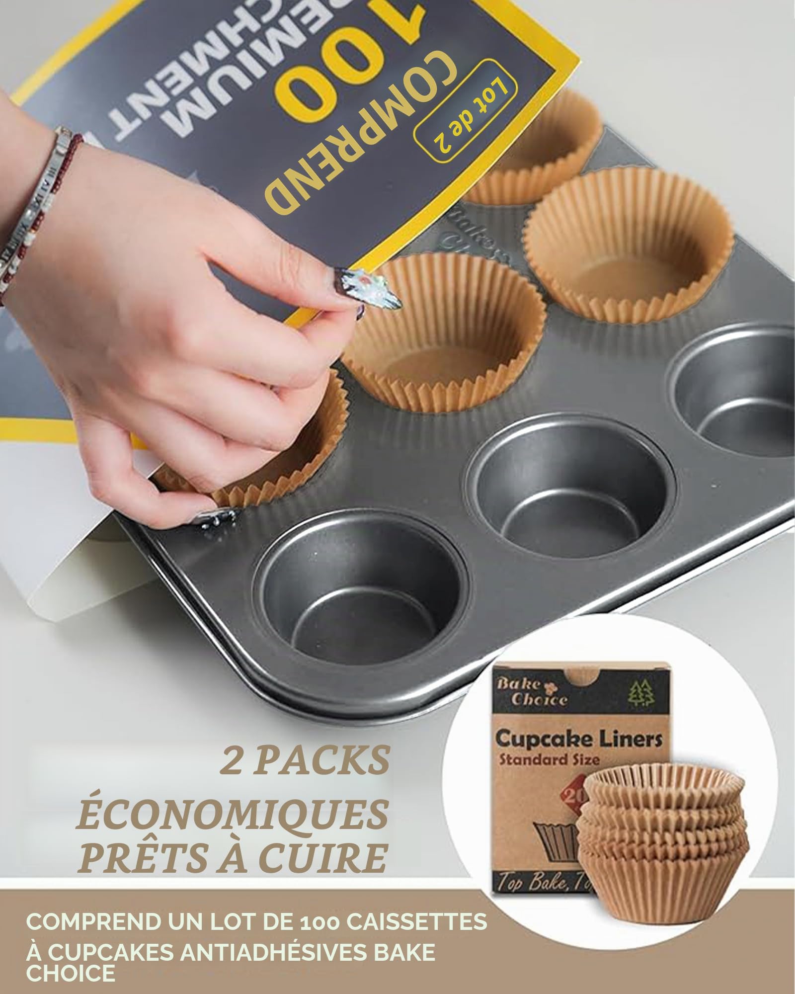 Bake Choice 2 Pièces Standard Moule a Muffin 12 Avec 100 Pièces Caissette Muffins Papier, Moule à Muffins Carbone, Anti-Adhésif,Le Diamètre de la Base de la Tasse est de 5 cm